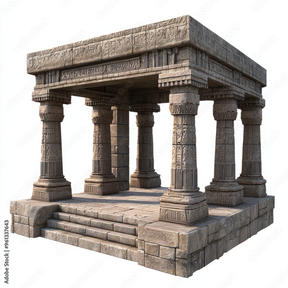 Fototapeta premium 3D Render of an ancient stone temple with columns and carvings, on isolated white background