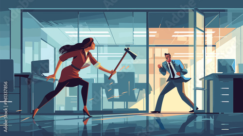 Furious Businesswoman Chasing Office Man with Sledgehammer, Symbolizing Workplace Anger and Revenge