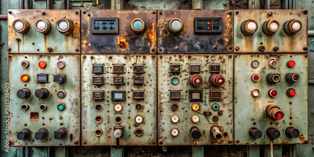 Ghosts of Industry: A symphony of rust and faded grandeur, this captivating image showcases a weathered control panel, frozen in time, hinting at a bygone era of industrial might. Ghosts of Industry: A symphony of rust and faded grandeur, this captivating image showcases a weathered control panel, frozen in time, hinting at a bygone era of industrial might.