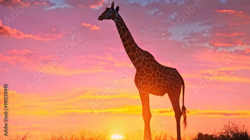A silhouette of a giraffe standing tall against a breathtaking sunset sky in the African savanna, A majestic giraffe standing tall against a colorful sunset backdrop