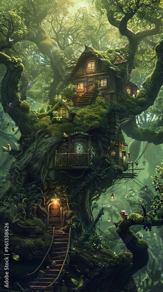 Fototapeta premium A whimsical treehouse nestled in a lush forest, with a winding staircase leading up to its entrance.