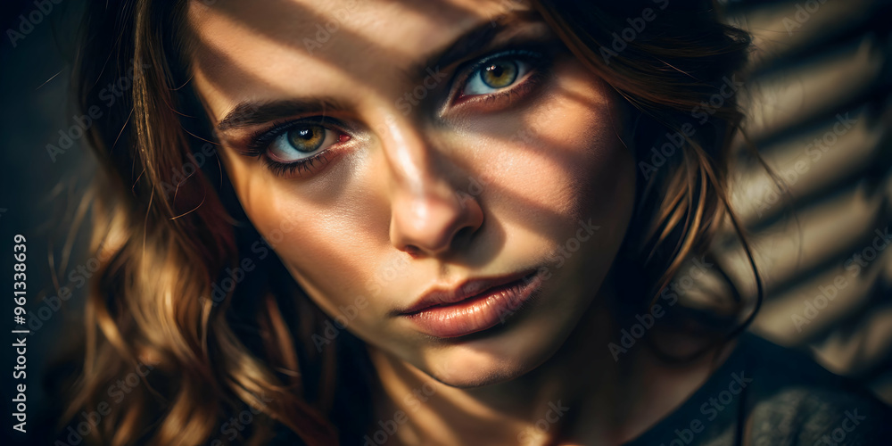 Sunlit Gaze: A captivating portrait of a young woman, her piercing green eyes captivating the viewer under the dramatic play of light and shadow cast by blinds. Her expression is both alluring and eni Sunlit Gaze: A captivating portrait of a young woman, her piercing green eyes captivating the viewer under the dramatic play of light and shadow cast by blinds. Her expression is both alluring and eni