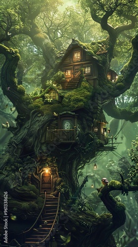 A whimsical treehouse nestled in a lush forest, with a winding staircase leading up to its entrance.