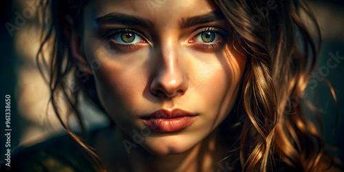 Sun-Kissed Gaze: A captivating portrait of a young woman with piercing green eyes, her face illuminated by golden sunlight, exudes a mesmerizing blend of beauty and mystery. 