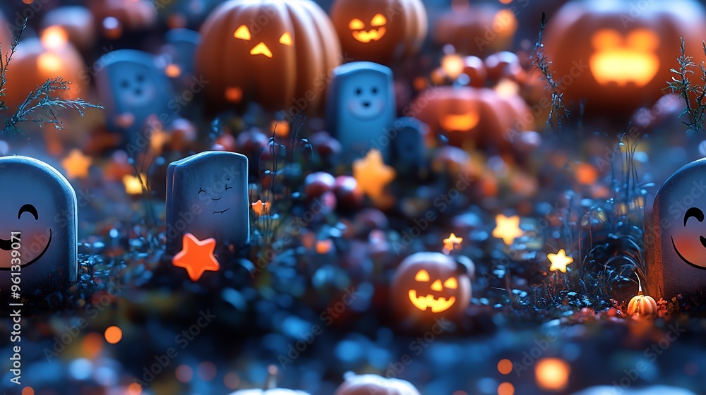 Playful kawaii tombstones with smiling faces, surrounded by pumpkins, floating stars, and candy, with a soft glow from lanterns scattered across the graveyard, fun and lighthearted Halloween scene, Playful kawaii tombstones with smiling faces, surrounded by pumpkins, floating stars, and candy, with a soft glow from lanterns scattered across the graveyard, fun and lighthearted Halloween scene,