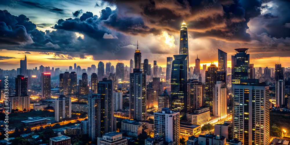 Obraz premium Shenzhen's Golden Hour: A breathtaking panorama captures the vibrant cityscape of Shenzhen, China, as the sun dips below the horizon, painting the sky in hues of gold and purple. 