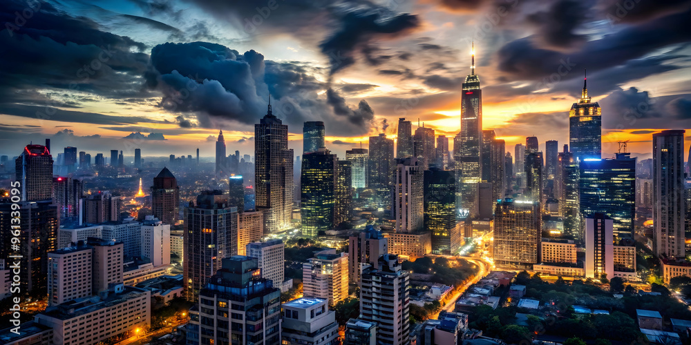 Fototapeta premium Shenzhen's Golden Hour: A breathtaking panorama captures the vibrant cityscape of Shenzhen, China, as the sun dips below the horizon, painting the sky in hues of gold and purple.