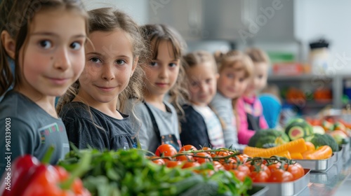 A vibrant photo of children learning about nutrition at a school event, with a clean background and lots of copy space for event highlights