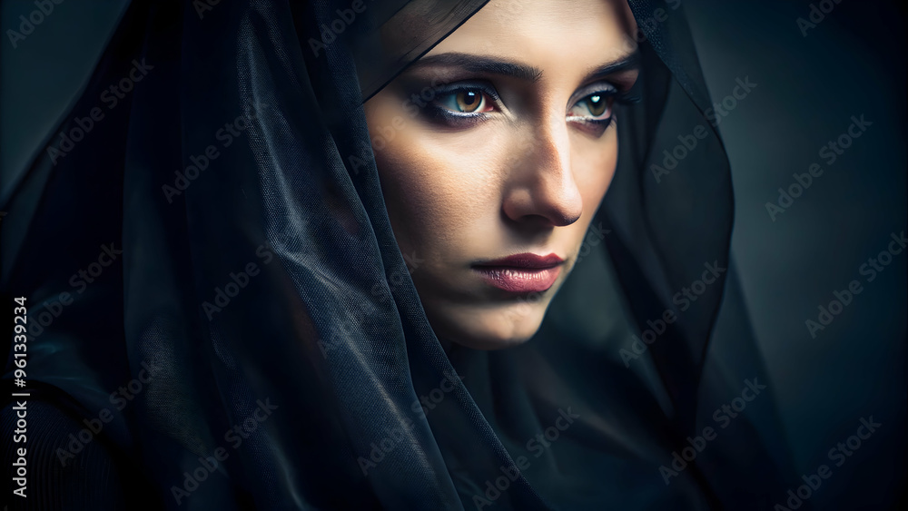 Veiled in Shadow: A portrait of a young woman with piercing gaze, draped in a black veil, conveying a sense of mystery and contemplation against a dark background. Veiled in Shadow: A portrait of a young woman with piercing gaze, draped in a black veil, conveying a sense of mystery and contemplation against a dark background.