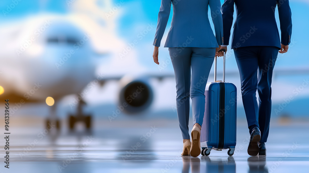Naklejka premium Two business travelers walk towards their flight at the airport, carrying a suitcase. The early morning sun casts a warm glow over the scene, creating a sense of anticipation