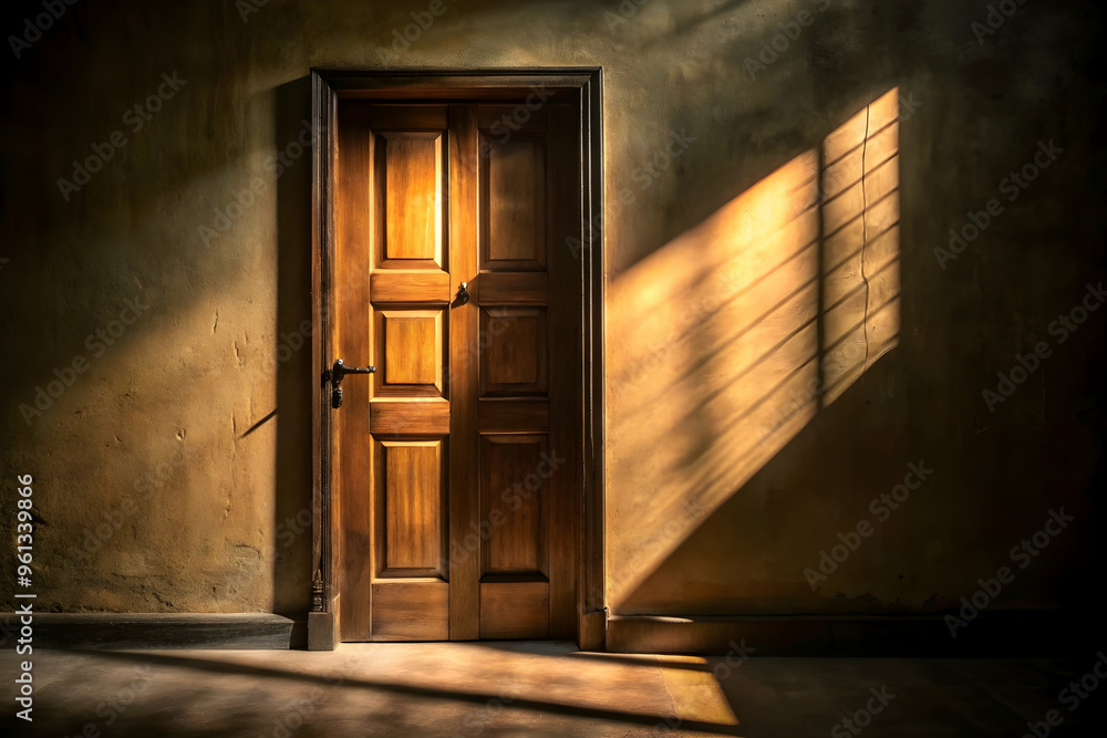 Sunlit Portal: An antique wooden door, bathed in warm sunlight streaming through a high window, beckons with a sense of mystery and possibility. Sunlit Portal: An antique wooden door, bathed in warm sunlight streaming through a high window, beckons with a sense of mystery and possibility.