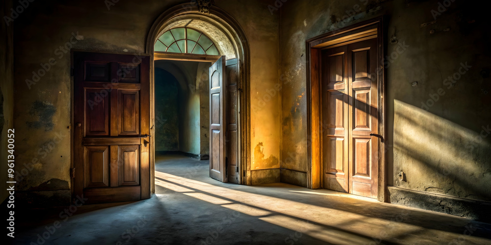 Sunbeams Through the Doors of Time: The warm glow of sunlight streams through the open doors of an abandoned, forgotten mansion, casting long shadows across the weathered floorboards.  The doors, once