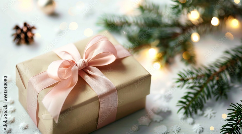 A beautifully wrapped gift with a pink ribbon lies amidst holiday decorations and twinkling lights, celebrating the joys of the season, christmas, new year A beautifully wrapped gift with a pink ribbon lies amidst holiday decorations and twinkling lights, celebrating the joys of the season, christmas, new year