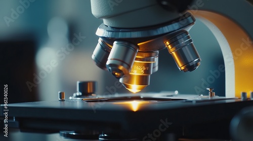 A metal microscope lens is captured in a close-up shot within a laboratory setting. 