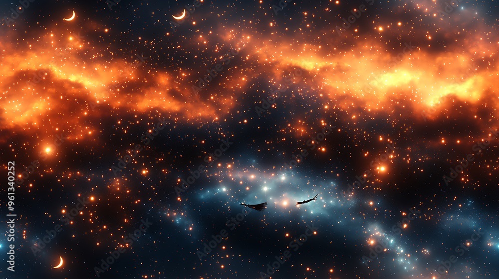 Tiny broomsticks flying through the night sky, leaving trails of magical sparkles behind, surrounded by glowing stars and crescent moons, whimsical and fun Halloween atmosphere, hd quality,