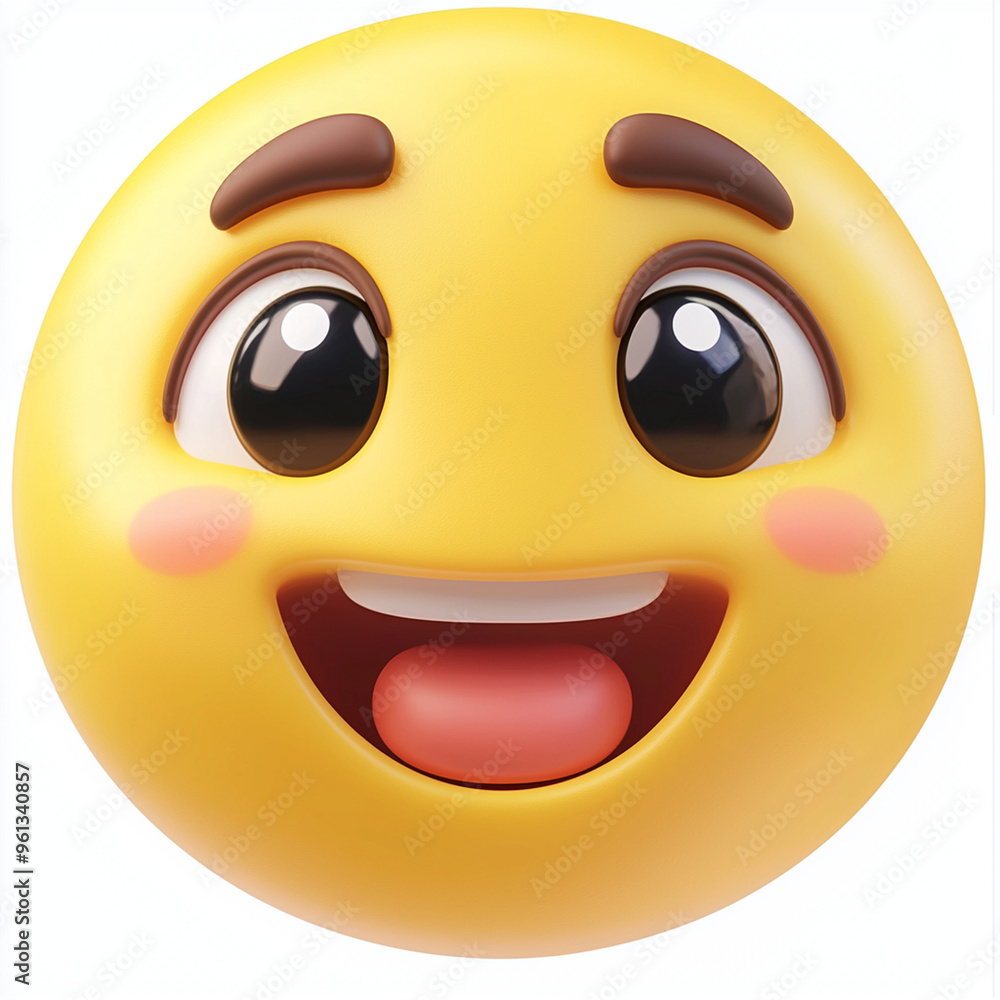 Fototapeta premium Happy emoji face with bright yellow color and cheerful expression. This joyful character features large eyes and wide smile, radiating positivity and warmth.