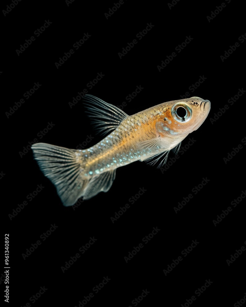 the PAlbino Guppy Fish, portrait view, white copy space on right, Isolated on black Background the PAlbino Guppy Fish, portrait view, white copy space on right, Isolated on black Background