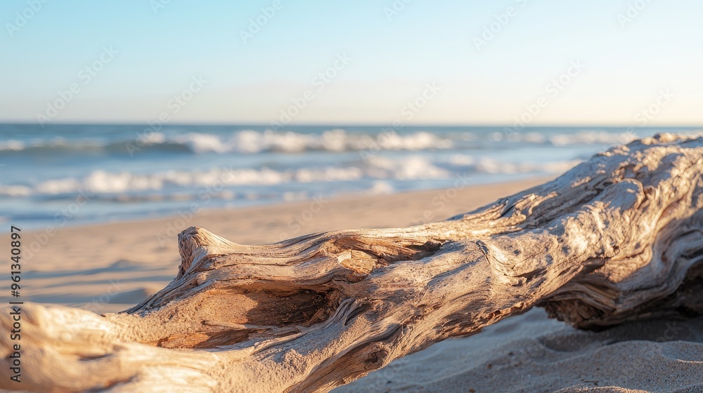 Driftwood on a Sandy Beach with Ocean Waves in the Background Driftwood on a Sandy Beach with Ocean Waves in the Background