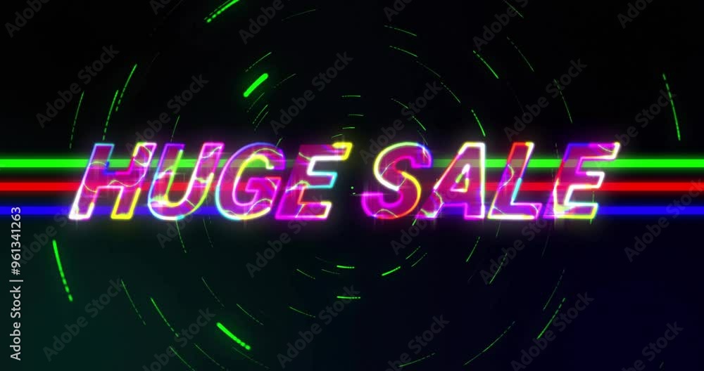 Huge Sale text animation with colorful glitch effects and swirling lines Huge Sale text animation with colorful glitch effects and swirling lines
