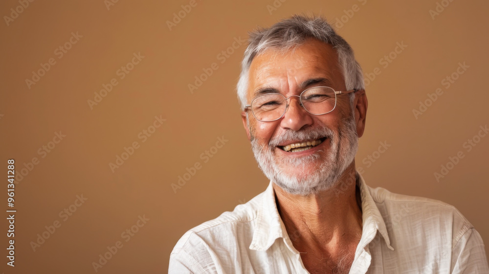 Obraz premium A cheerful senior man with glasses and a white beard is smiling warmly in a softly lit indoor setting.