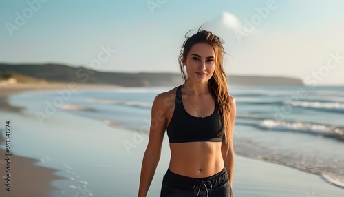 Sporty elegance of a woman strolling along the beach at sunrise