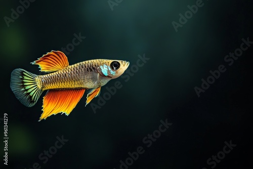 the beside view Endler's Guppy Fish, left side view, white copy space on right, Isolated on dark Background photo