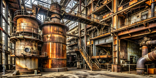 Rust and Steel: A haunting glimpse into an abandoned industrial complex, where time seems to stand still amid towering, rusted machinery. The intricate network of pipes, ladders, and platforms creates photo