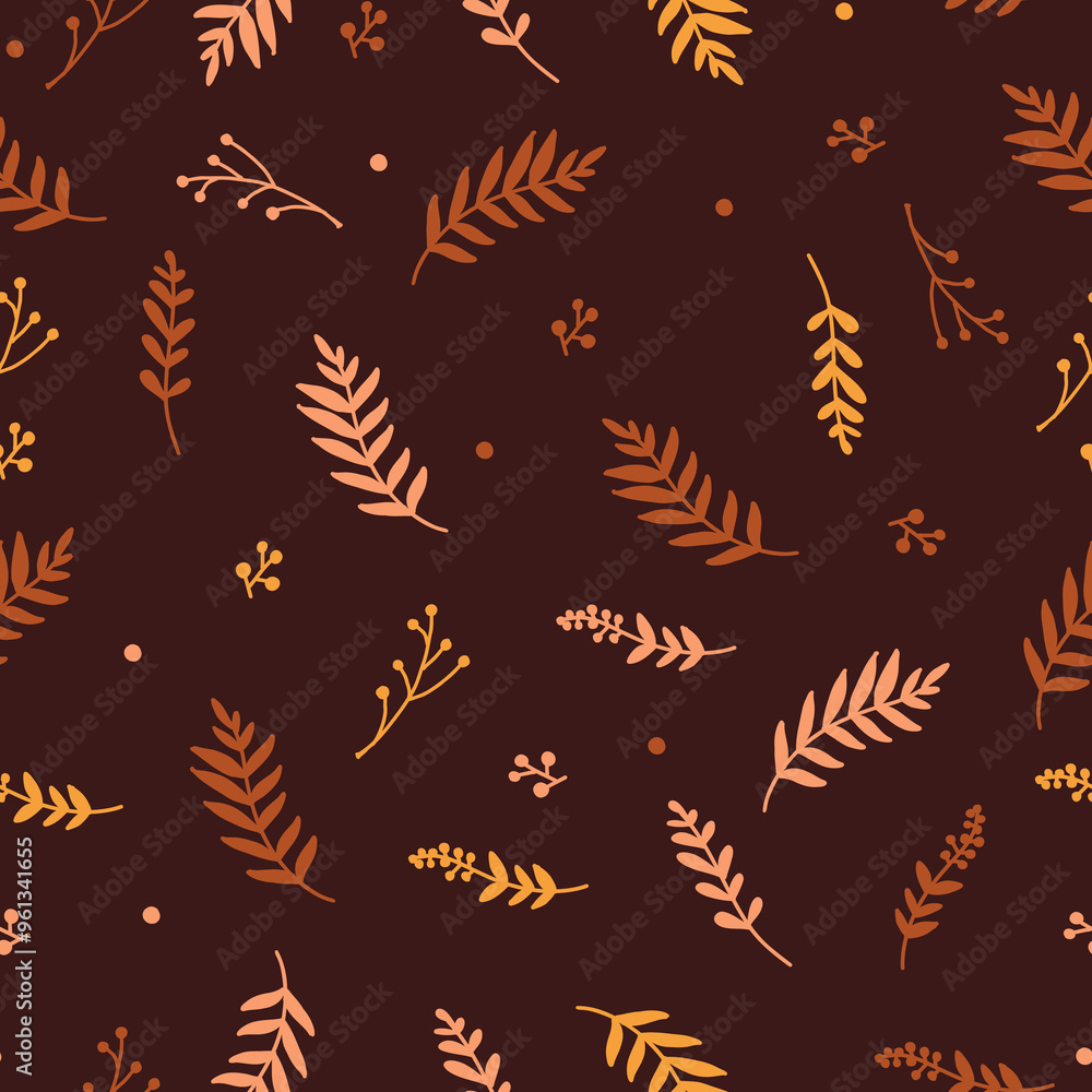 Fototapeta premium Seamless autumn pattern in the form of a solid line of hand-drawn elements of flowers, leaves, branches.