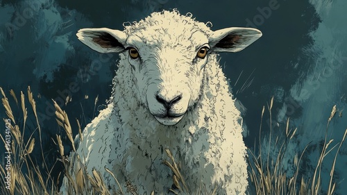 Wallpaper Mural Woodblock print style, a traditional sheep rendered with precise lines, muted colors, and intricate details, capturing a classic, artistic essence. Torontodigital.ca