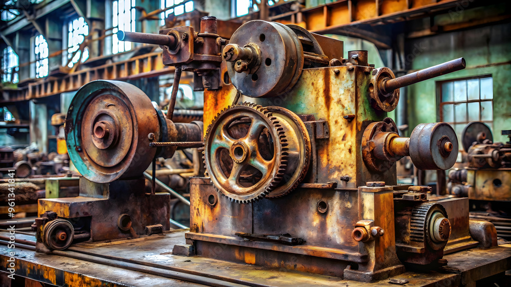 Rusty Gears of Industry: A close-up of intricate, rusty gears in an abandoned industrial setting, evoking themes of time, hard work, and the passage of industry. Rusty Gears of Industry: A close-up of intricate, rusty gears in an abandoned industrial setting, evoking themes of time, hard work, and the passage of industry.