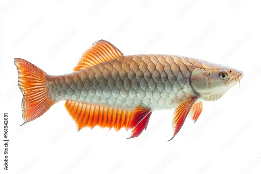 Fototapeta premium the beside view Platinum Arowana Fish, Isolated on White Background