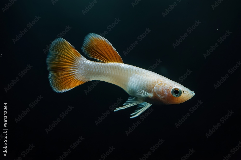 the beside view Albino Guppy Fish, Isolated on dark Background the beside view Albino Guppy Fish, Isolated on dark Background