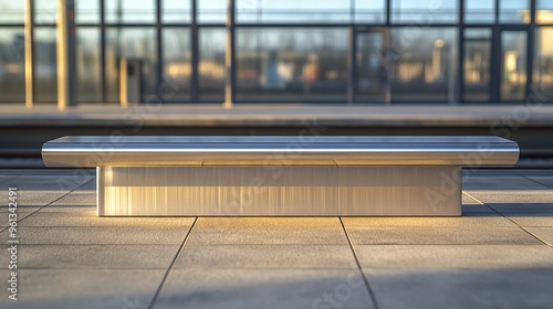 Front view of a modern metallic bench at the train station in the morning photo