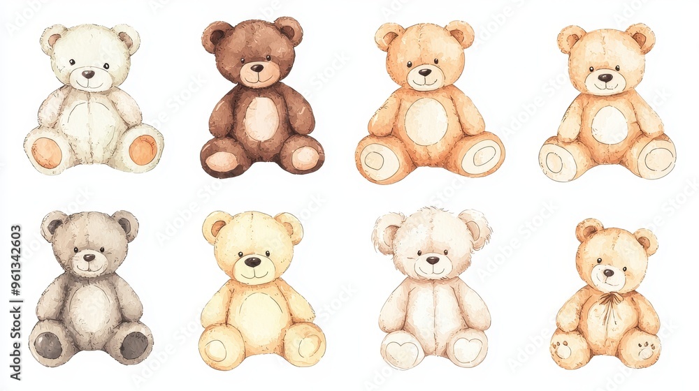 Watercolor Illustration of Cute Teddy Bears Sitting in a Row Watercolor Illustration of Cute Teddy Bears Sitting in a Row