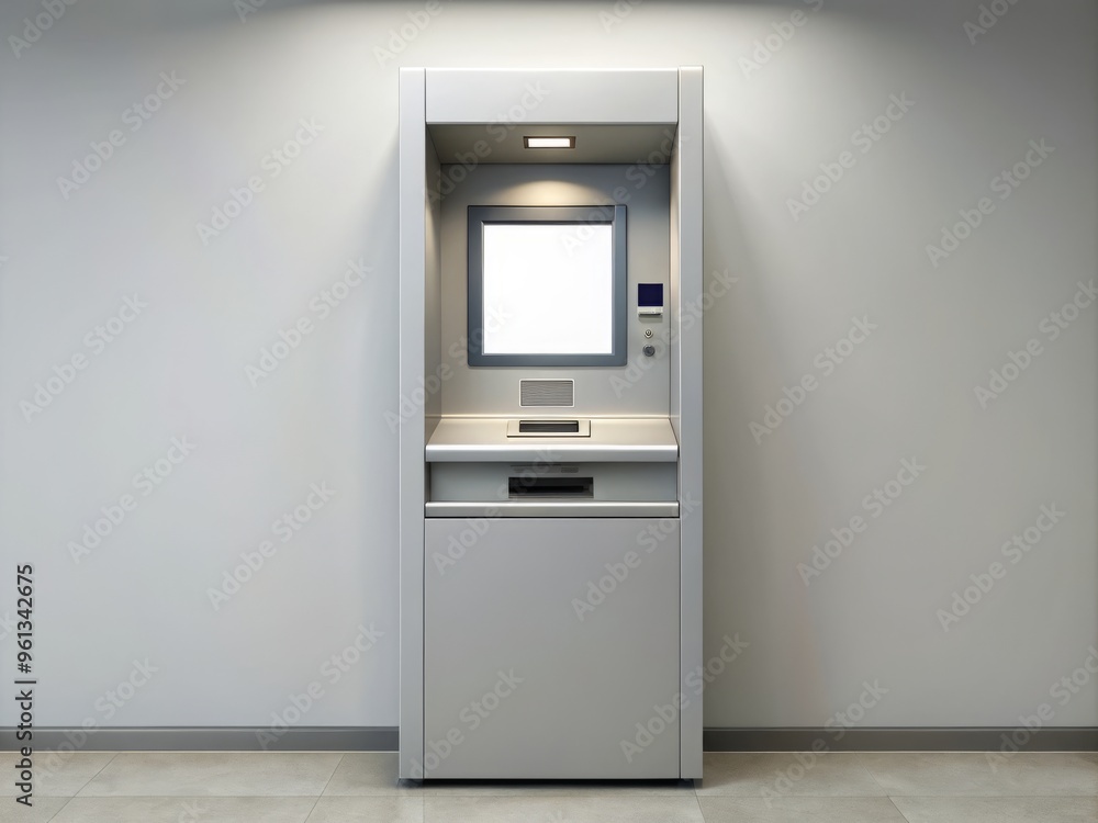 A sleek digital interface for an automated teller machine awaits customization on this blank screen mockup, ready to A sleek digital interface for an automated teller machine awaits customization on this blank screen mockup, ready to