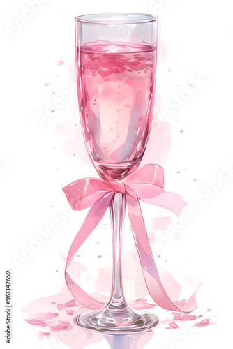 Champagne glass adorned with a pink bow. illustration. Cute drawing for celebration and festive occasions.