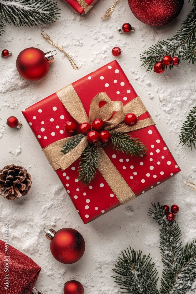 Red Christmas Gift Box with Snow, Pine, and Ornaments Red Christmas Gift Box with Snow, Pine, and Ornaments