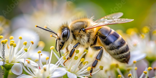 Honeybee on White Flower Close-Up: A honeybee gathers pollen from a delicate white flower in a captivating close-up, showcasing the intricate beauty of nature's delicate balance. The image is teeming 