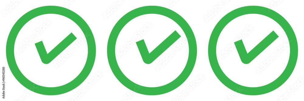 Green check mark icon in a circle. Tick symbol in green color, vector illustration. Green check mark icon in a circle. Tick symbol in green color, vector illustration.