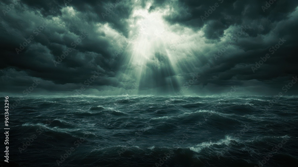Fototapeta premium Dramatic Ocean Storm with Sun Rays Breaking Through Dark Clouds