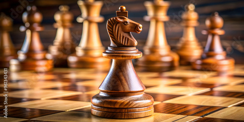 The Knight's Gambit: A wooden knight chess piece stands poised on a chessboard, its gaze fixed on the horizon.  The surrounding pieces blur into the background, emphasizing the knight's strategic posi photo