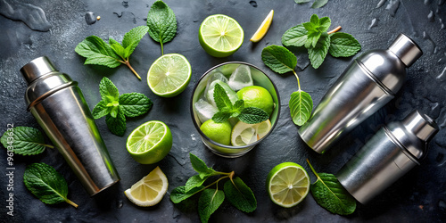 Refreshing Mojito Ingredients: A vibrant flat lay showcasing the essential ingredients for a refreshing mojito - limes, mint, ice, and a cocktail shaker - ready to be mixed into a delicious summer bev photo