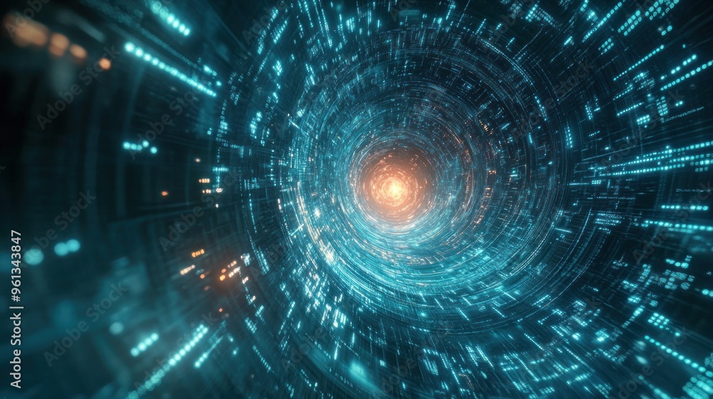 Fototapeta premium A digital vortex of light and data, suggesting a journey through a technological realm.