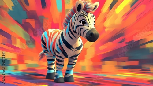 Cartoon art style, a zebra with exaggerated features and playful, bold stripes, set against a bright and whimsical backdrop. photo