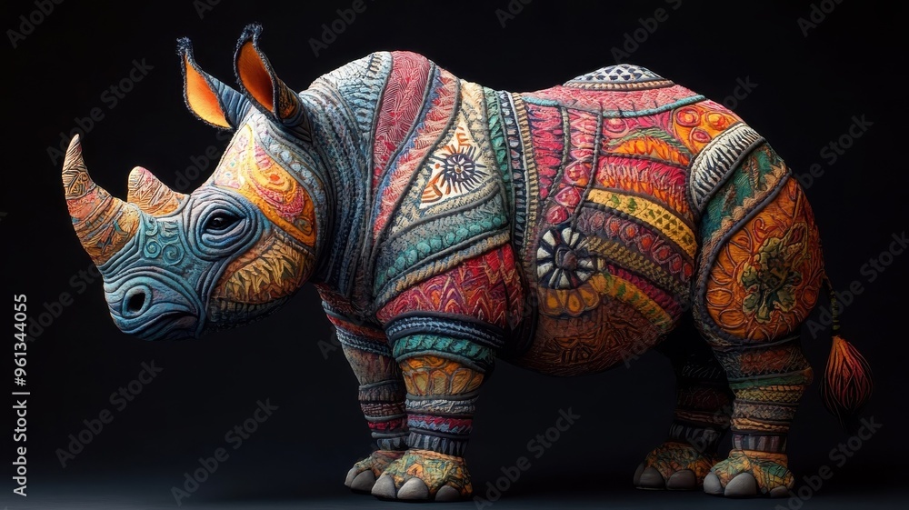 Fototapeta premium Playful, Textured pattern, a rhinoceros designed with engaging textures and lively patterns, adding visual depth and interest to its depiction.