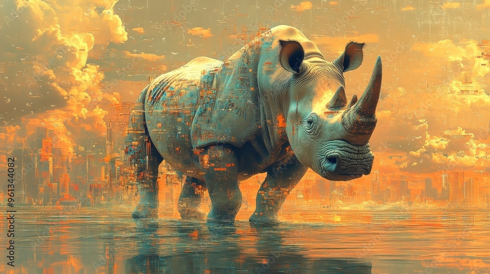 Obraz premium Surreal vision, a rhinoceros in a dreamlike environment with imaginative colors and floating elements, creating a whimsical and fantastical scene.
