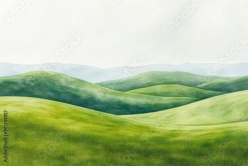 Scenic green rolling hills and meadows landscape in watercolor painting style