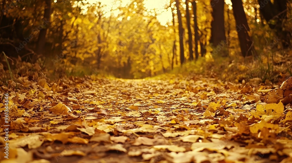 Golden Autumn Path Fallen Leaves in Forest Golden Autumn Path Fallen Leaves in Forest