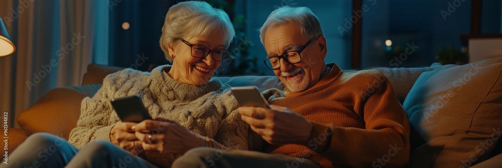 Fototapeta premium An elderly man and woman sitting together and looking at their phones. The image captures their engagement with technology and each other in a relaxed setting