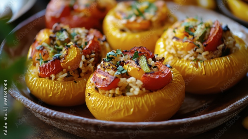 A close-up of yellow and red paprikas stuffed with rice and vegetables, baked and served on a rustic plate. A close-up of yellow and red paprikas stuffed with rice and vegetables, baked and served on a rustic plate.